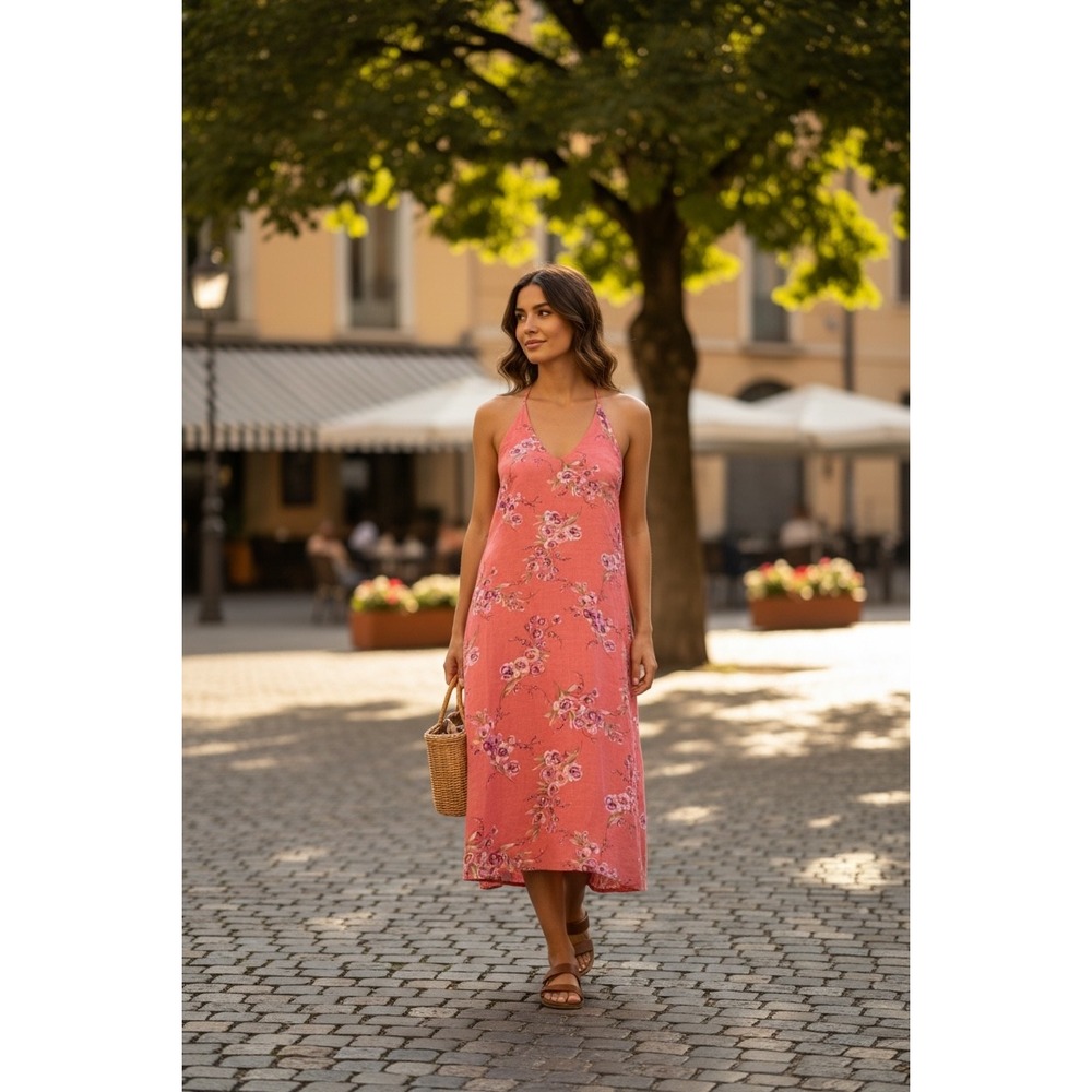 Miss Dorby Vintage Pink Floral Linen Blend Beaded Halter Midi‎ Dress Size 16